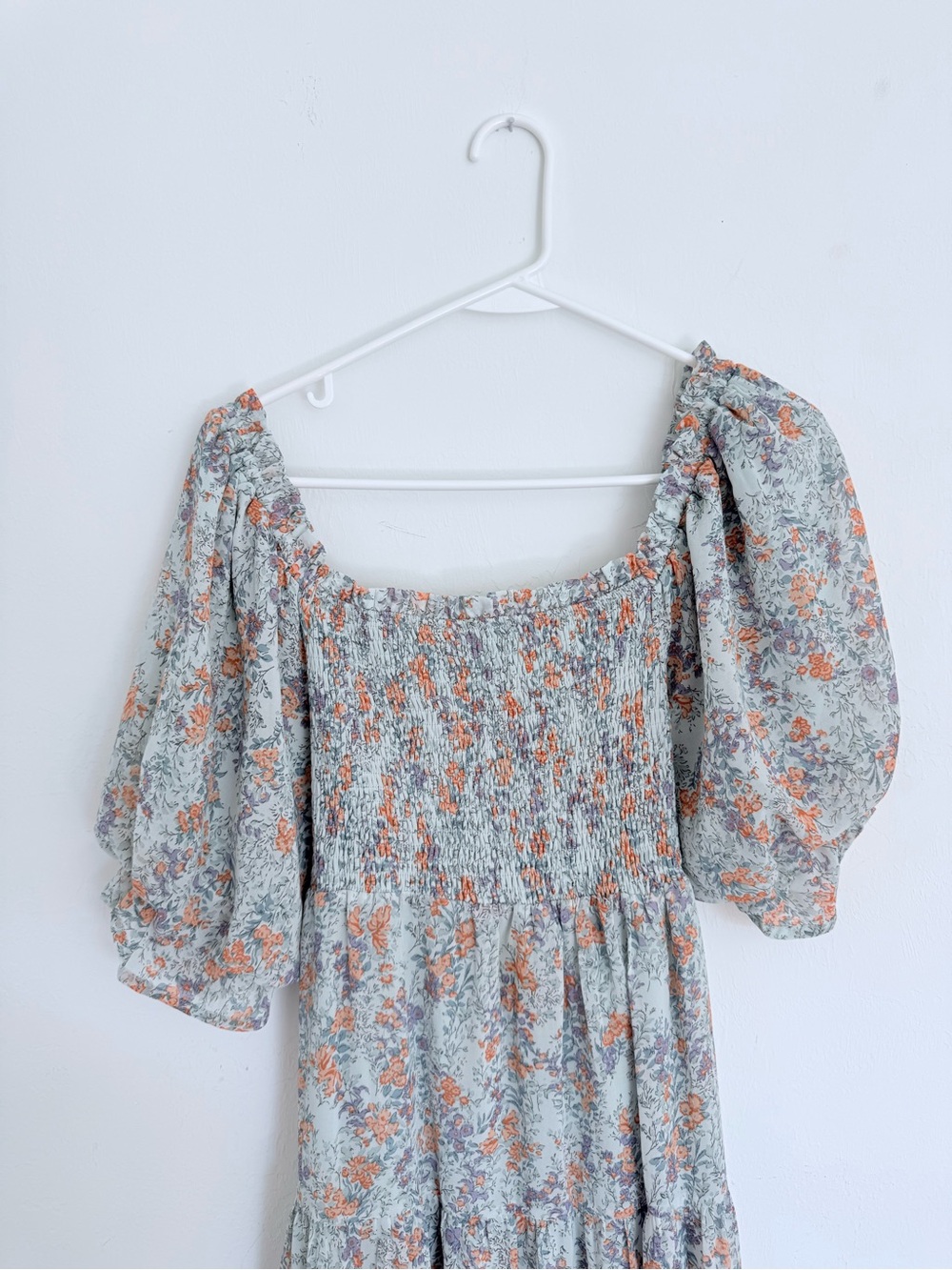 Floral Smocked Maxi Dress with Puff Sleeves - Light Blue and Orange - Picture 4 of 4